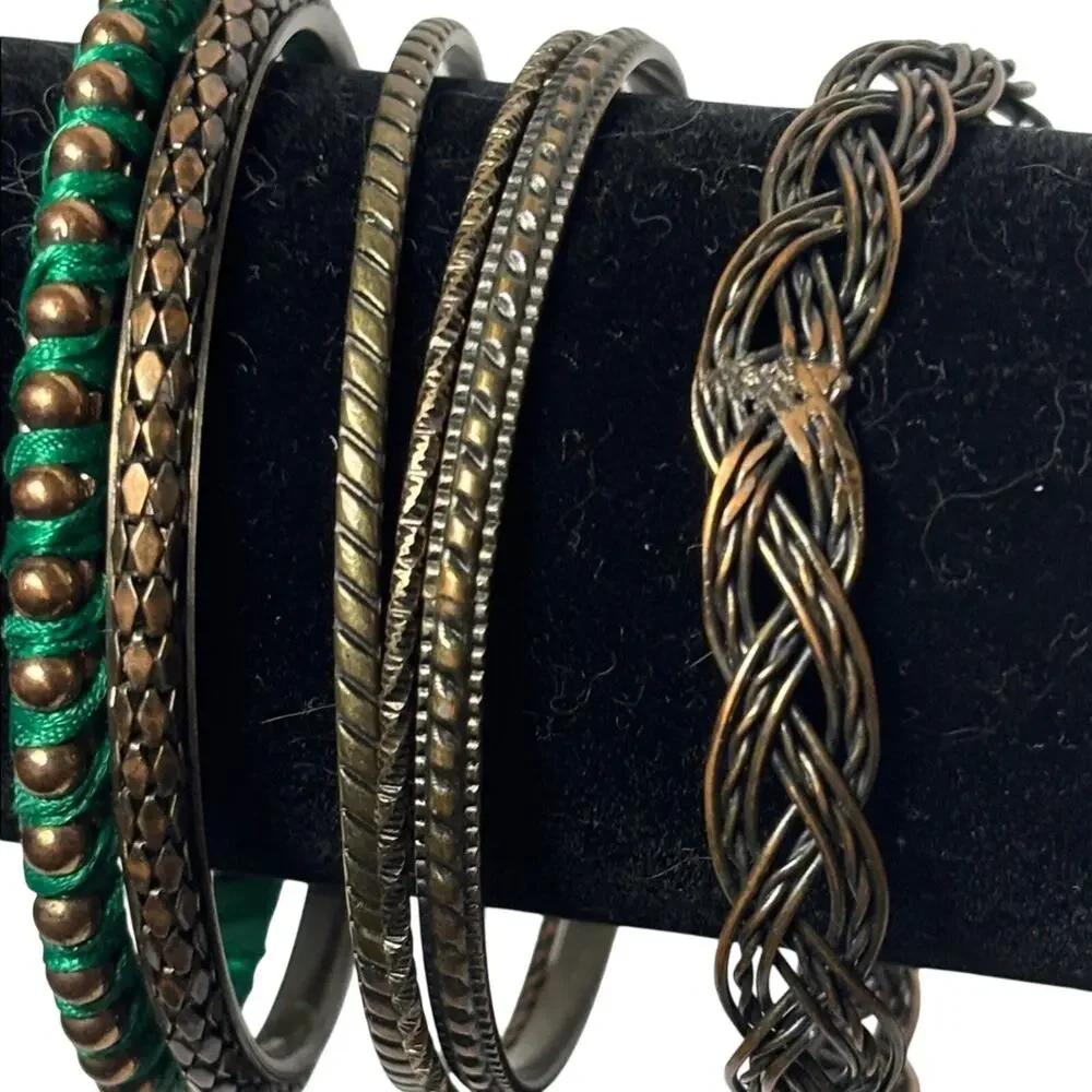 Mixed Brass Tone Bangle Bracelet Lot of 5 Stack Green Wrapped Braided Textured